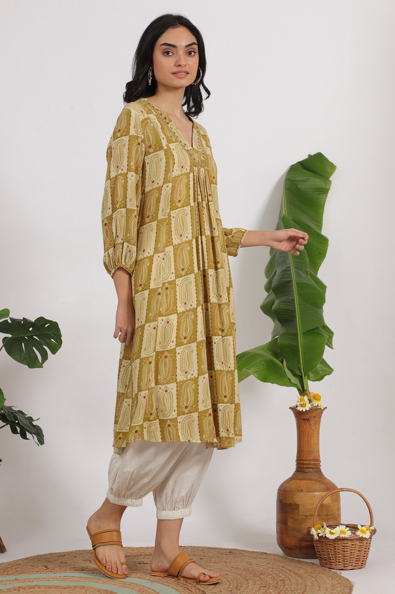 W for Woman Green Paisley Printed Cotton Crepe Gathered Kurta with Mirror Embroidery