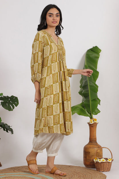 W for Woman Green Paisley Printed Cotton Crepe Gathered Kurta with Mirror Embroidery