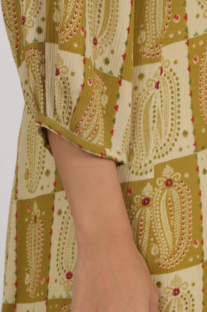 W for Woman Green Paisley Printed Cotton Crepe Gathered Kurta with Mirror Embroidery