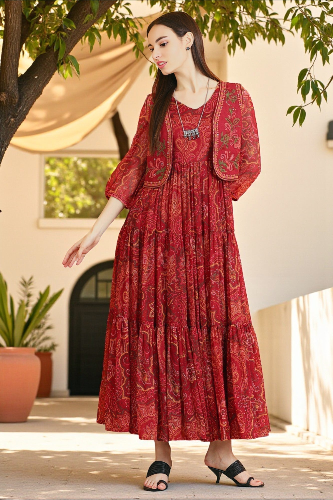 W for Woman Red Paisley Printed Chiffon Gathered Dress and Waistcoat