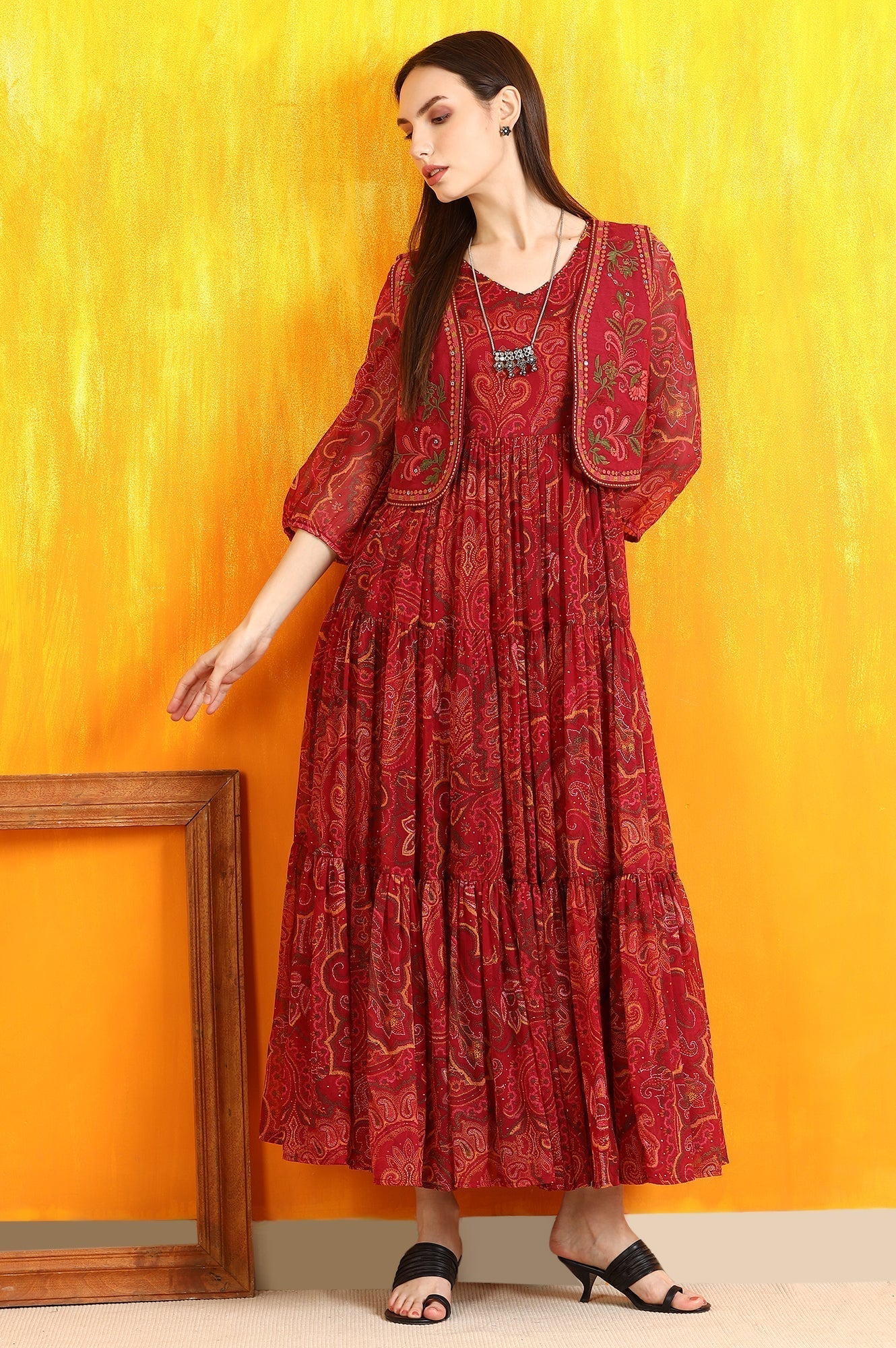 W for Woman Red Paisley Printed Chiffon Gathered Dress and Waistcoat