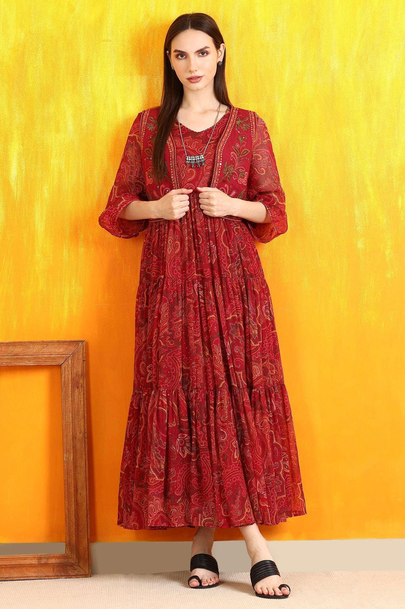 W for Woman Red Paisley Printed Chiffon Gathered Dress and Waistcoat