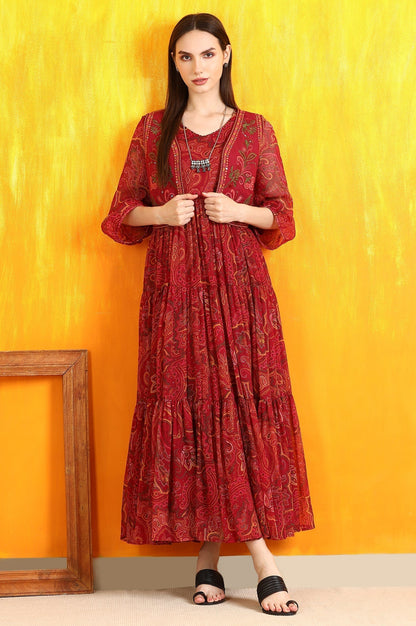 W for Woman Red Paisley Printed Chiffon Gathered Dress and Waistcoat