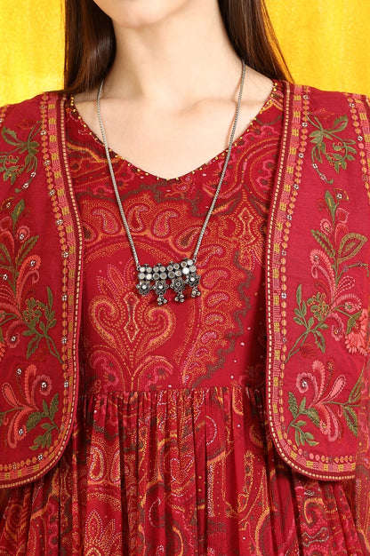 W for Woman Red Paisley Printed Chiffon Gathered Dress and Waistcoat