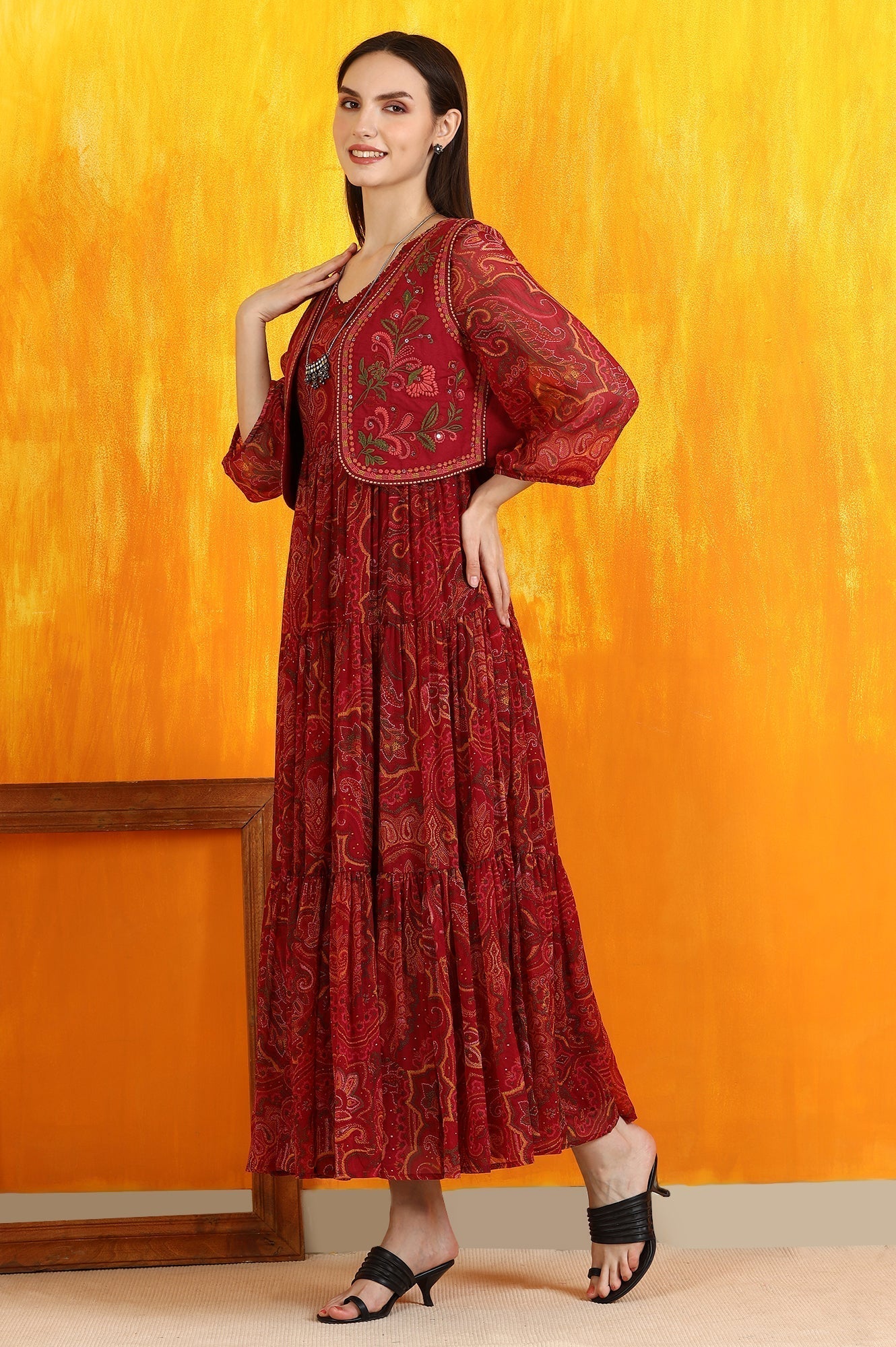 W for Woman Red Paisley Printed Chiffon Gathered Dress and Waistcoat