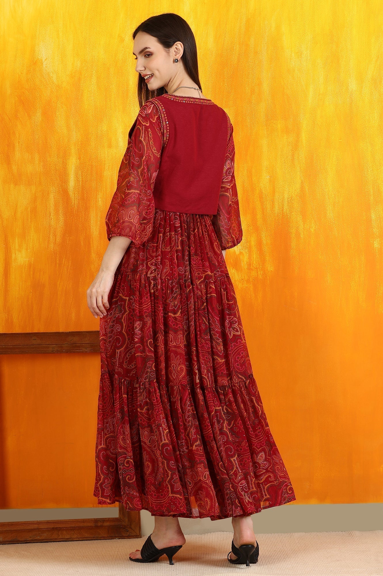 W for Woman Red Paisley Printed Chiffon Gathered Dress and Waistcoat