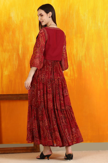 W for Woman Red Paisley Printed Chiffon Gathered Dress and Waistcoat