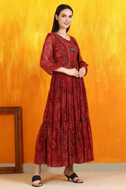 W for Woman Red Paisley Printed Chiffon Gathered Dress and Waistcoat