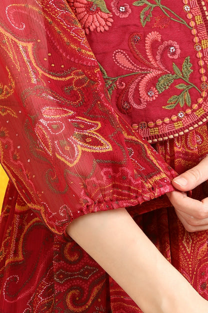 W for Woman Red Paisley Printed Chiffon Gathered Dress and Waistcoat