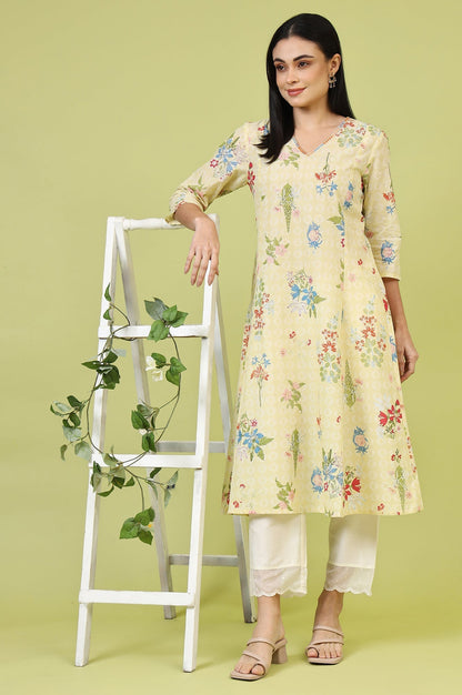 W for Woman Yellow Floral Printed Pure Cotton A-line Kurta with Thread Embroidery