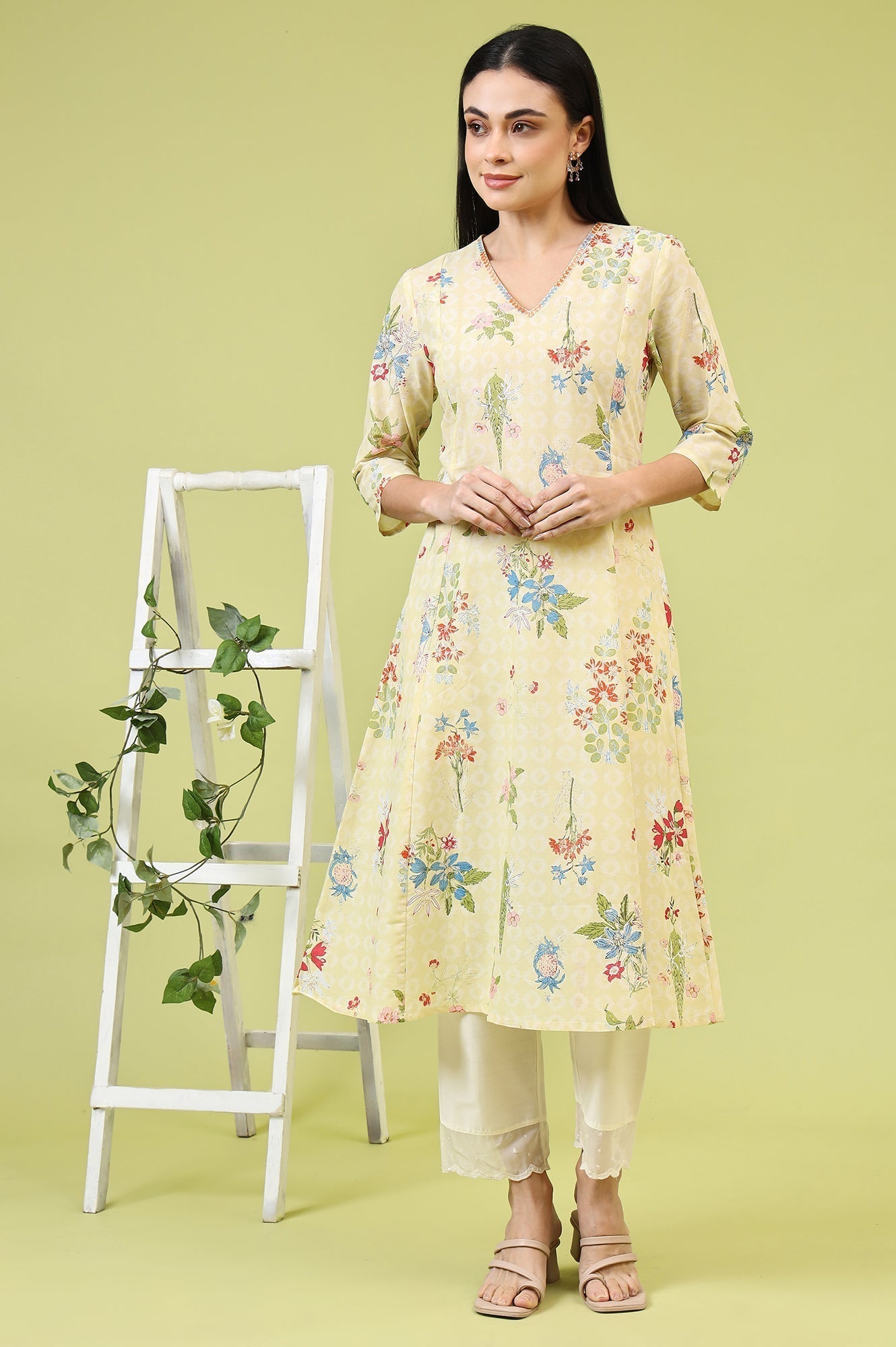W for Woman Yellow Floral Printed Pure Cotton A-line Kurta with Thread Embroidery