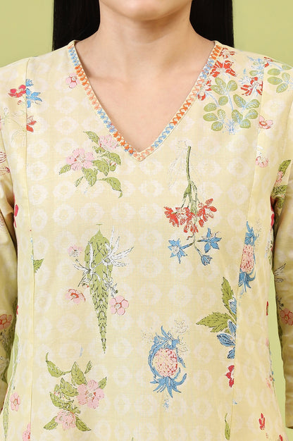 W for Woman Yellow Floral Printed Pure Cotton A-line Kurta with Thread Embroidery