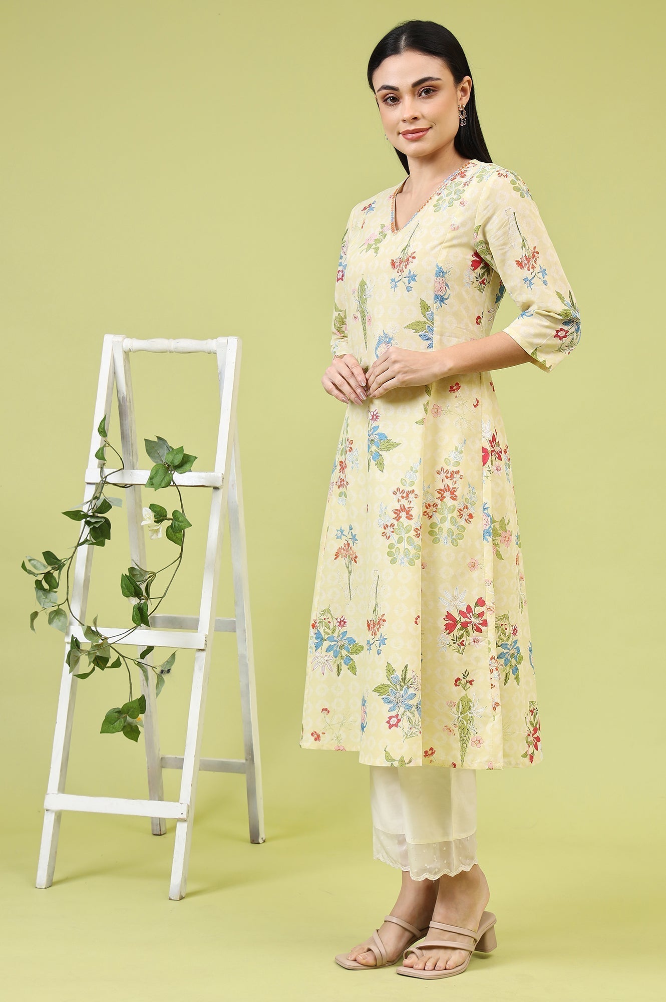 W for Woman Yellow Floral Printed Pure Cotton A-line Kurta with Thread Embroidery