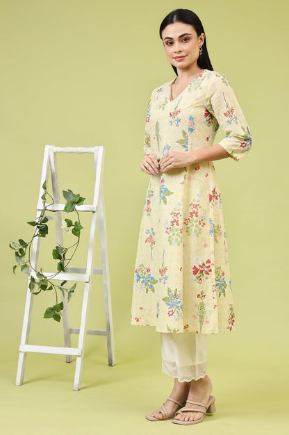 W for Woman Yellow Floral Printed Pure Cotton A-line Kurta with Thread Embroidery