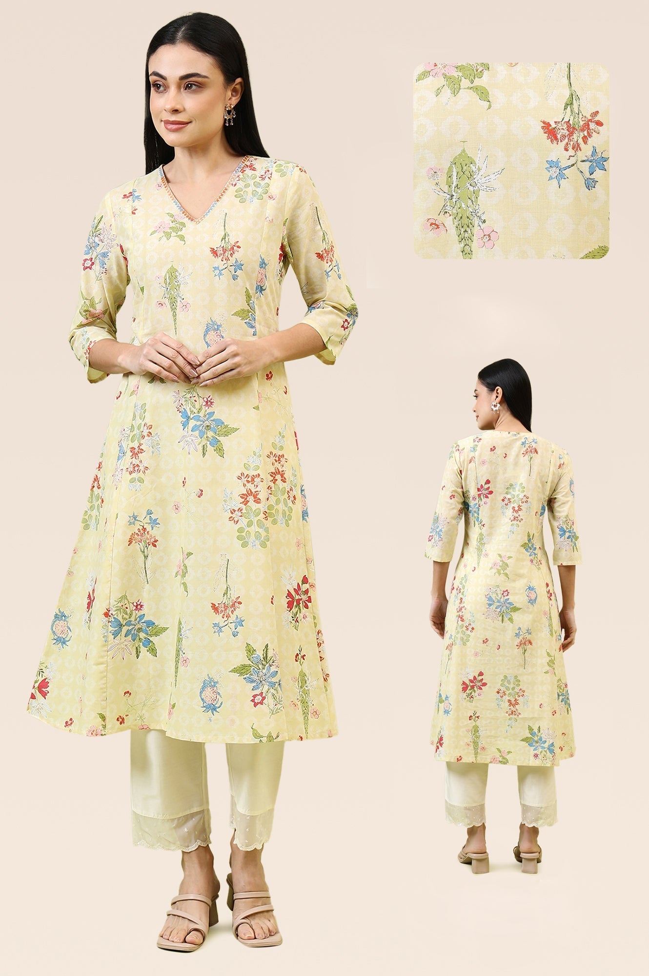 W for Woman Yellow Floral Printed Pure Cotton A-line Kurta with Thread Embroidery