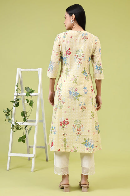 W for Woman Yellow Floral Printed Pure Cotton A-line Kurta with Thread Embroidery