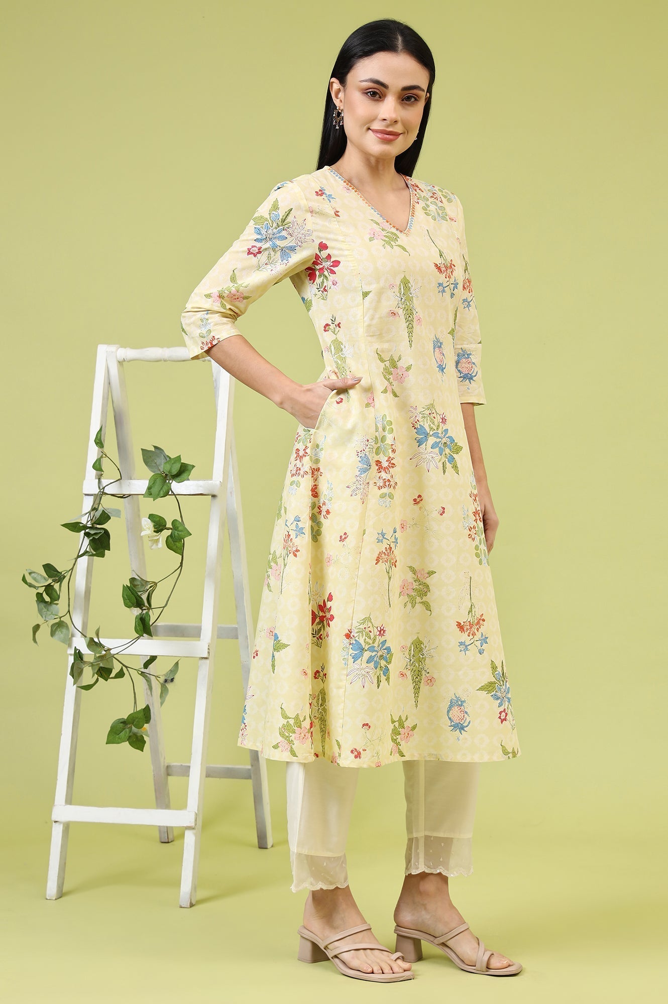 W for Woman Yellow Floral Printed Pure Cotton A-line Kurta with Thread Embroidery