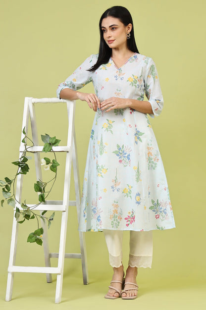 W for Woman Blue Floral Printed Pure Cotton A-line Kurta with Thread Embroidery