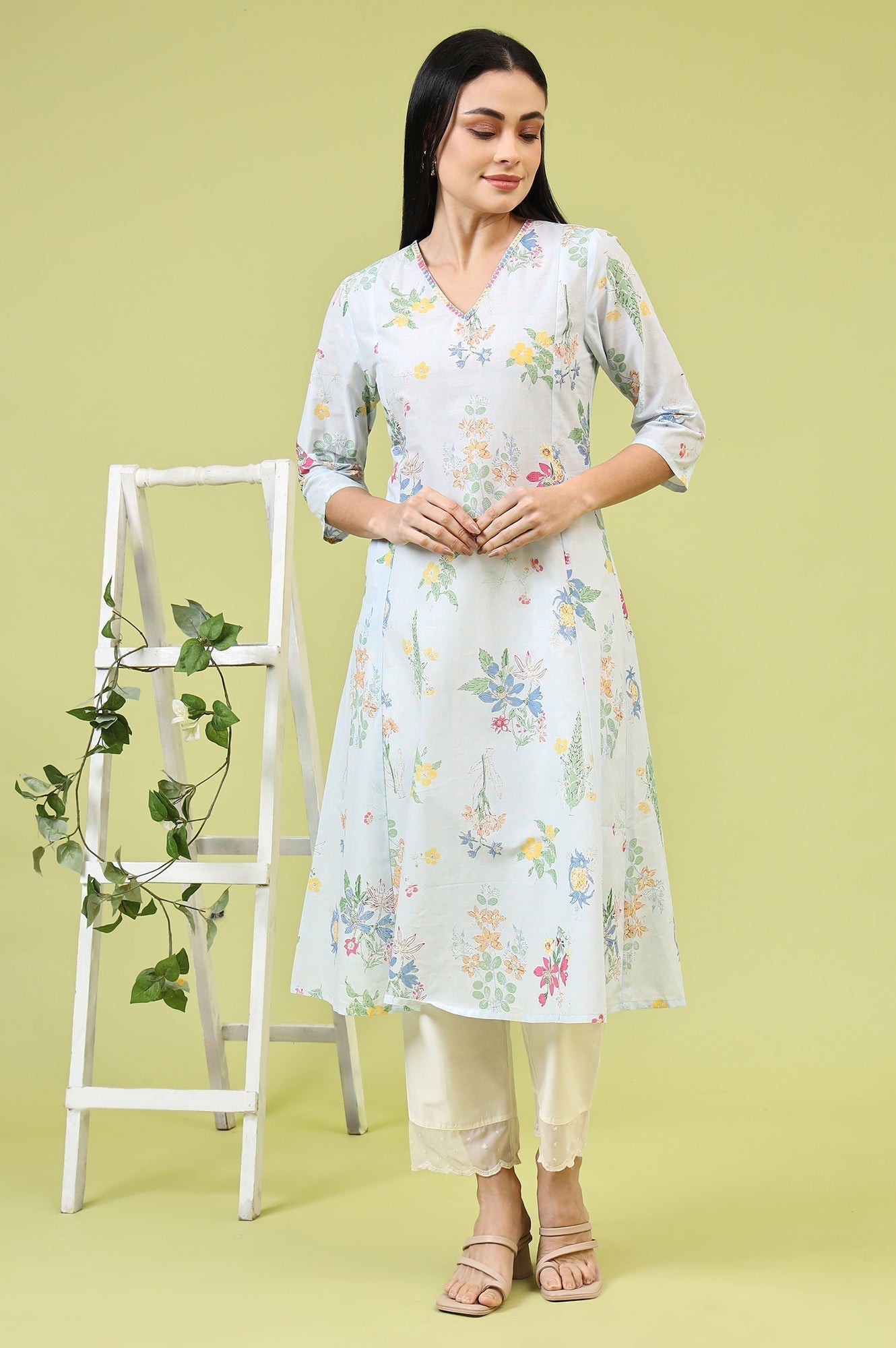W for Woman Blue Floral Printed Pure Cotton A-line Kurta with Thread Embroidery