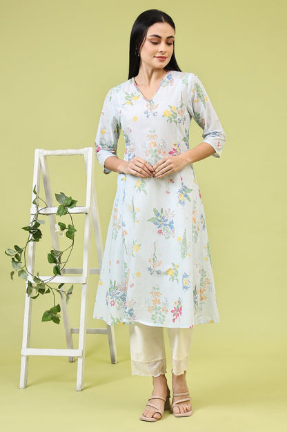 W for Woman Blue Floral Printed Pure Cotton A-line Kurta with Thread Embroidery