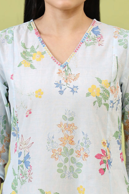 W for Woman Blue Floral Printed Pure Cotton A-line Kurta with Thread Embroidery