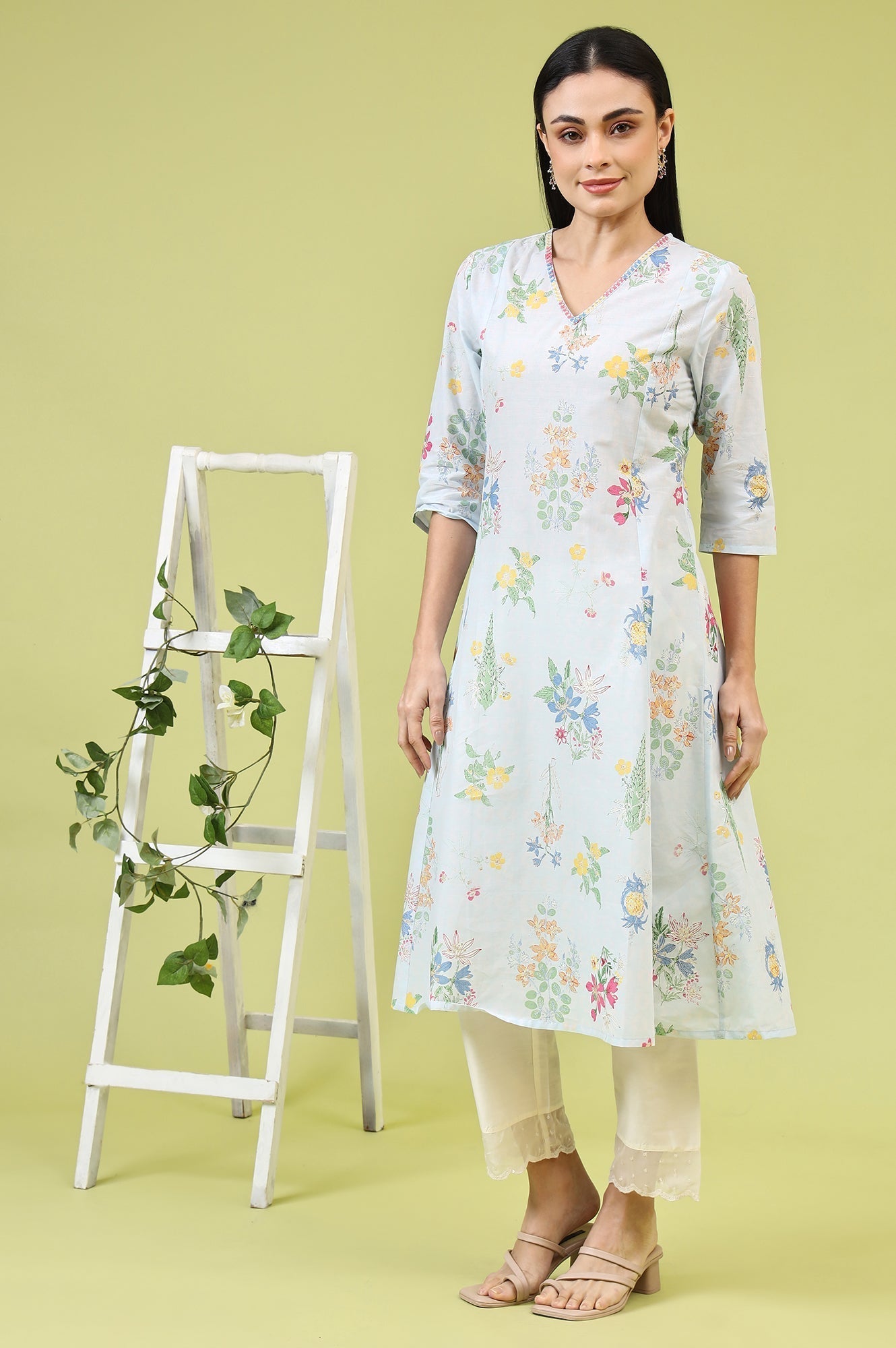 W for Woman Blue Floral Printed Pure Cotton A-line Kurta with Thread Embroidery