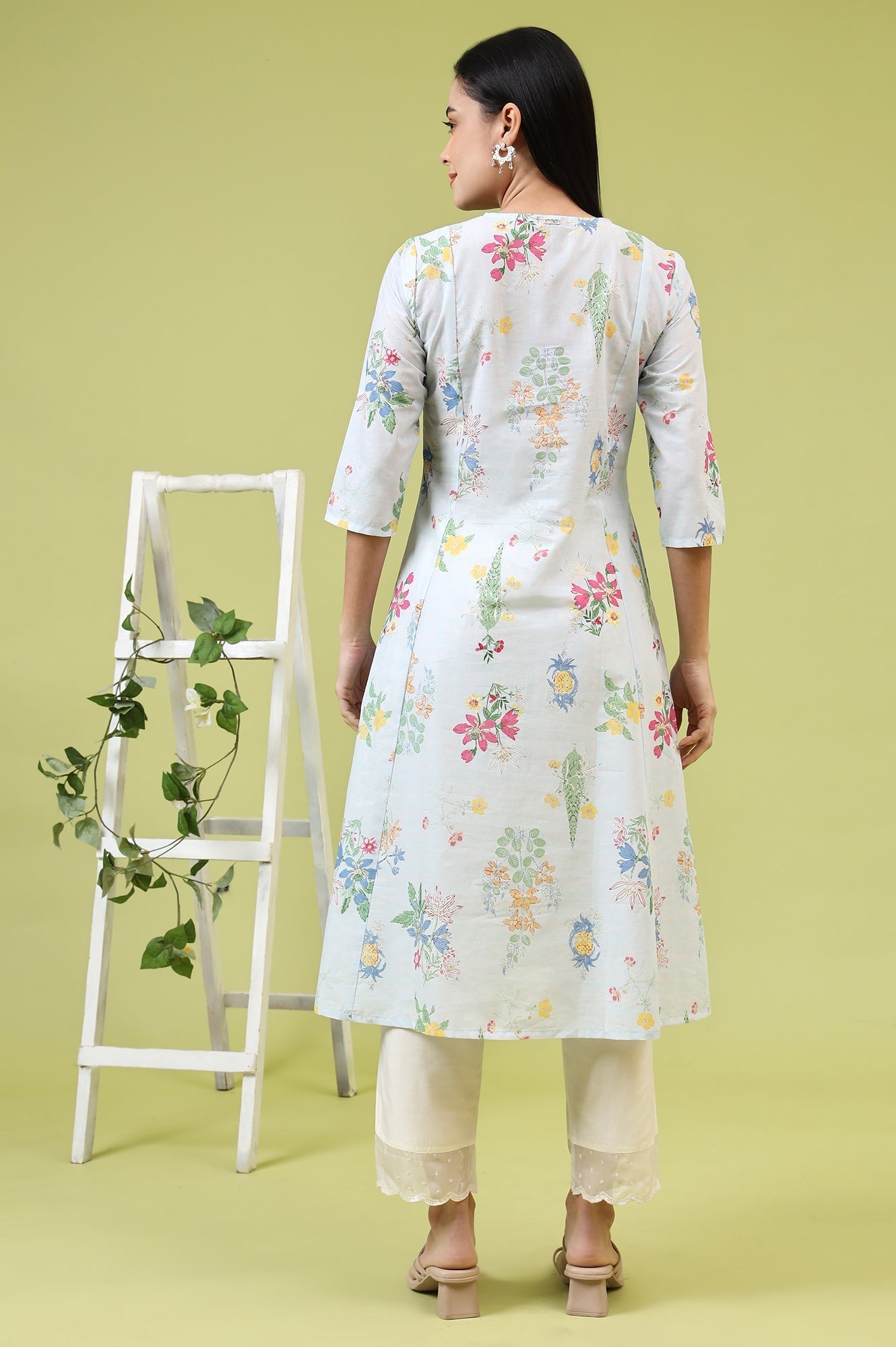 W for Woman Blue Floral Printed Pure Cotton A-line Kurta with Thread Embroidery