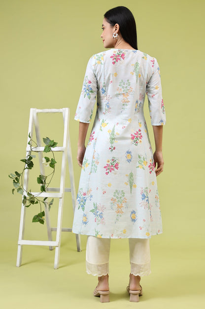 W for Woman Blue Floral Printed Pure Cotton A-line Kurta with Thread Embroidery