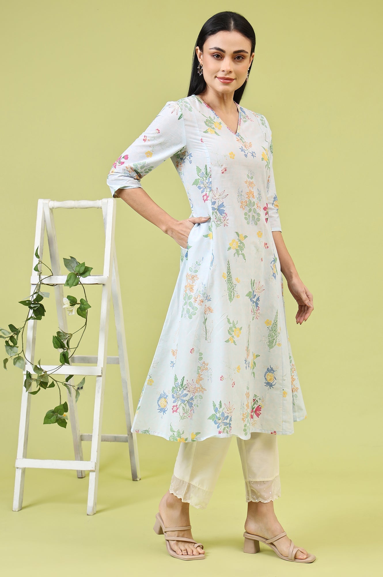 W for Woman Blue Floral Printed Pure Cotton A-line Kurta with Thread Embroidery