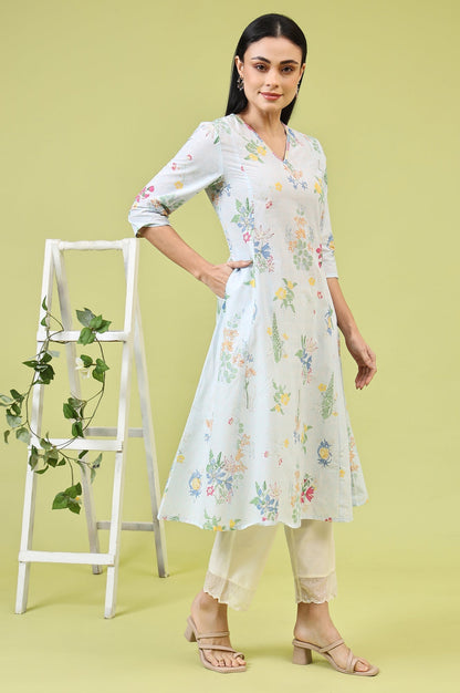 W for Woman Blue Floral Printed Pure Cotton A-line Kurta with Thread Embroidery