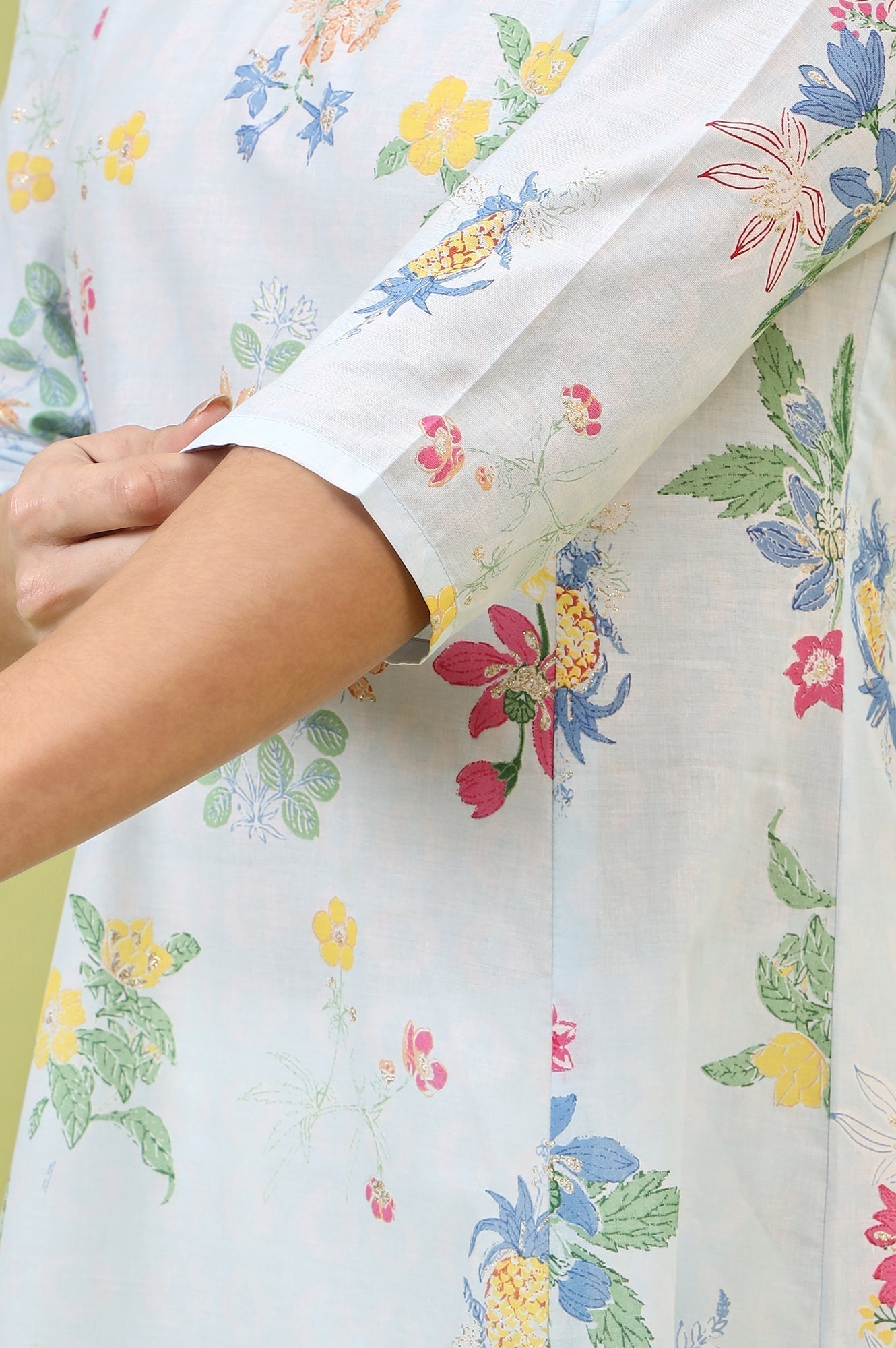 W for Woman Blue Floral Printed Pure Cotton A-line Kurta with Thread Embroidery
