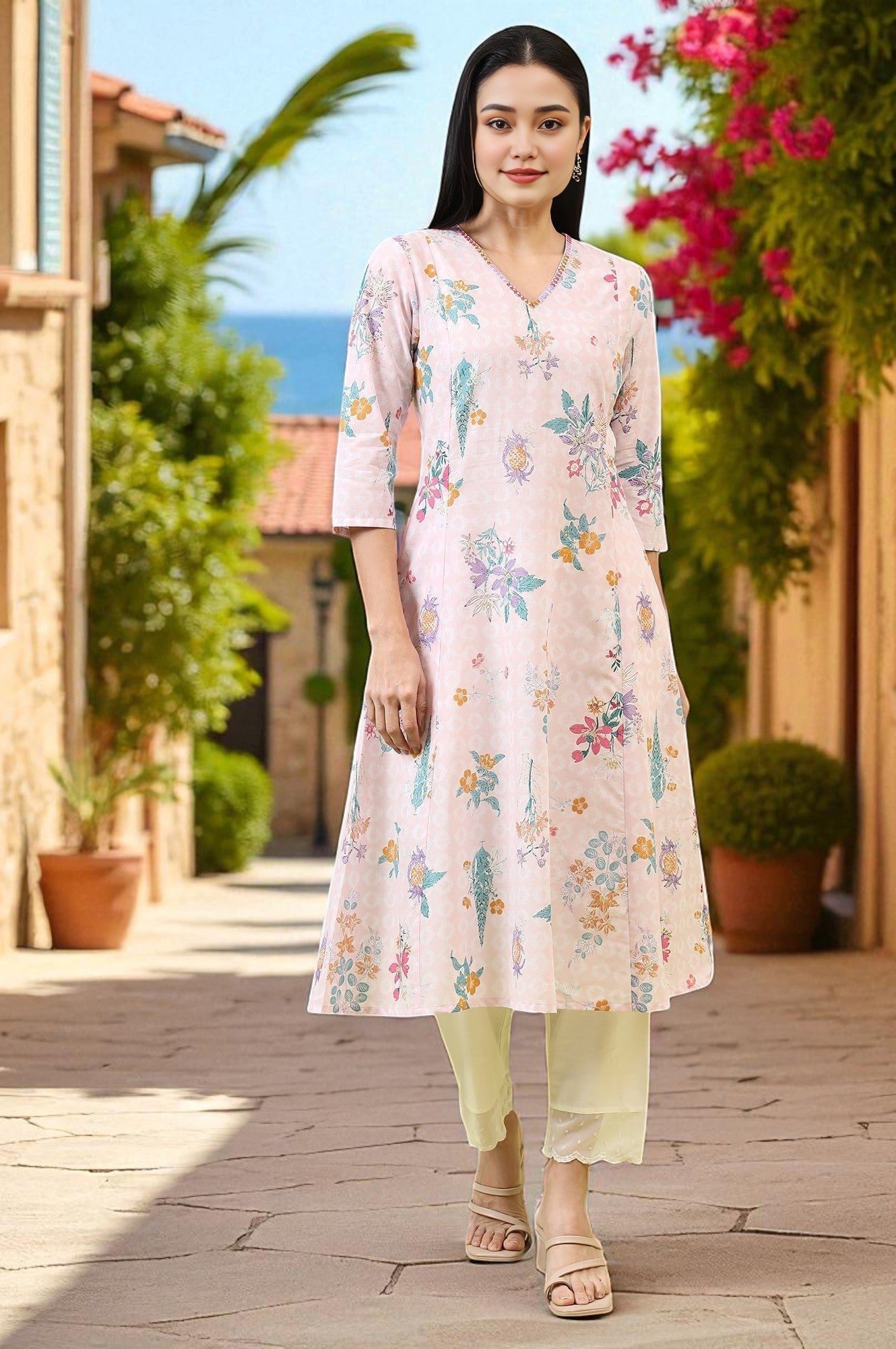 W for Woman Pink Floral Printed Pure Cotton A-line Kurta with Thread Embroidery