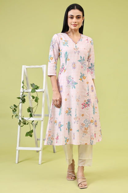 W for Woman Pink Floral Printed Pure Cotton A-line Kurta with Thread Embroidery