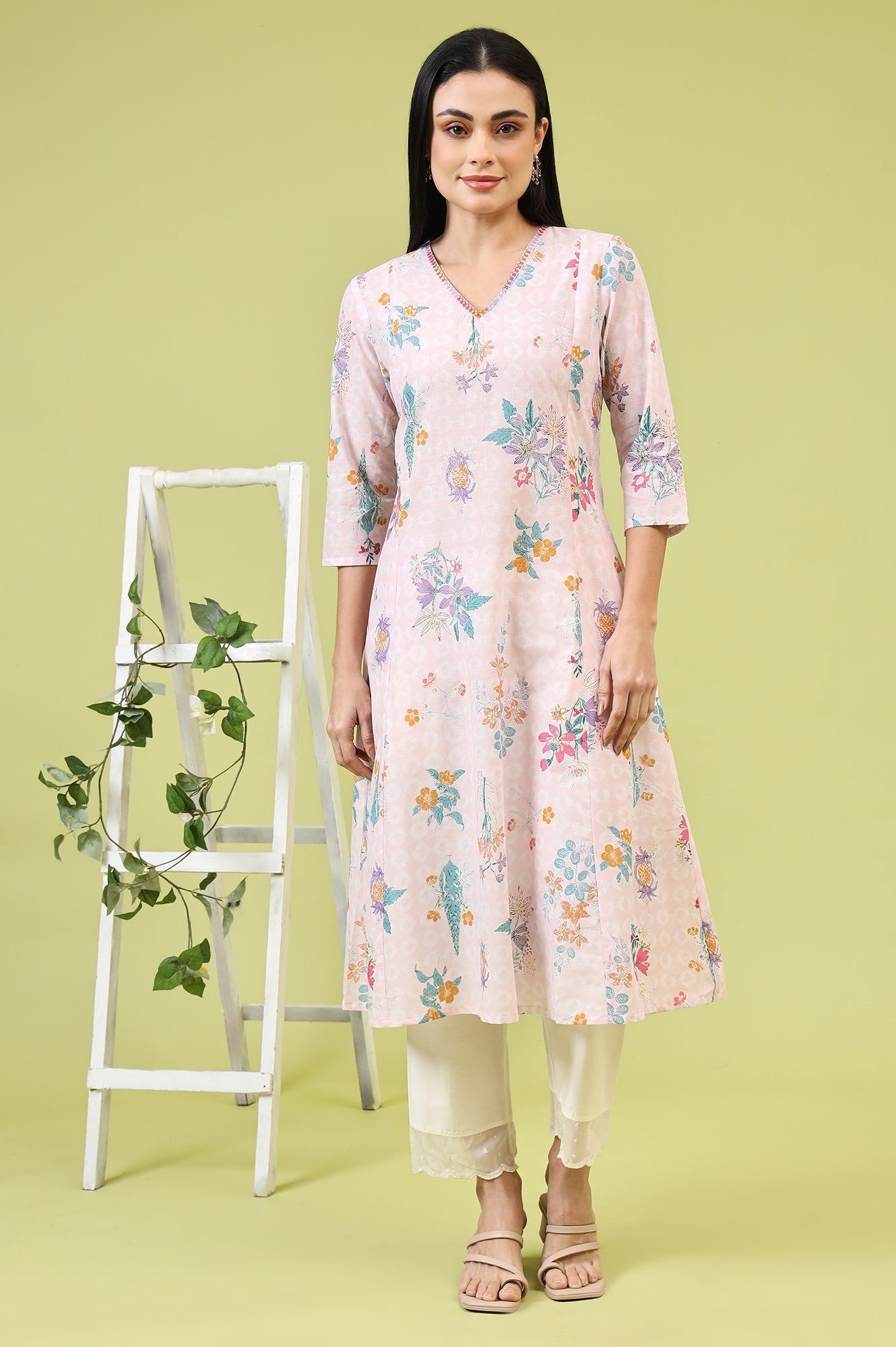 W for Woman Pink Floral Printed Pure Cotton A-line Kurta with Thread Embroidery