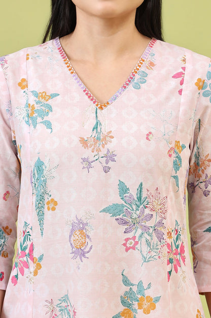 W for Woman Pink Floral Printed Pure Cotton A-line Kurta with Thread Embroidery