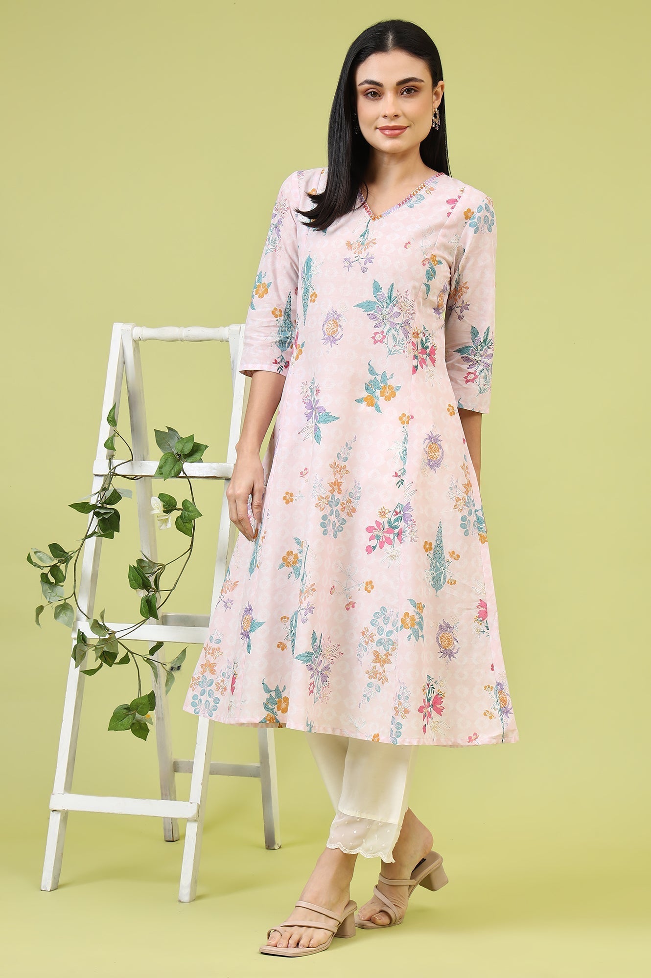 W for Woman Pink Floral Printed Pure Cotton A-line Kurta with Thread Embroidery
