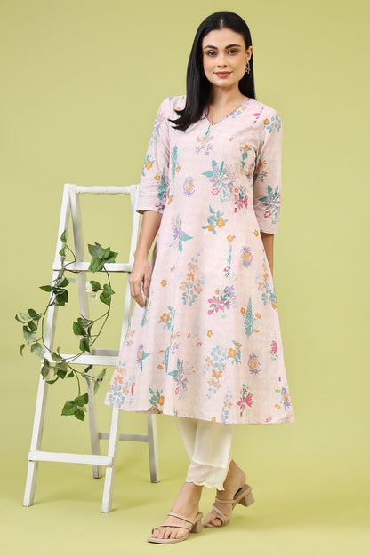 W for Woman Pink Floral Printed Pure Cotton A-line Kurta with Thread Embroidery