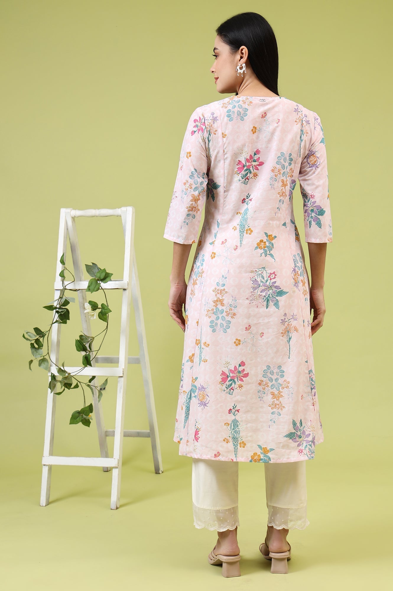 W for Woman Pink Floral Printed Pure Cotton A-line Kurta with Thread Embroidery