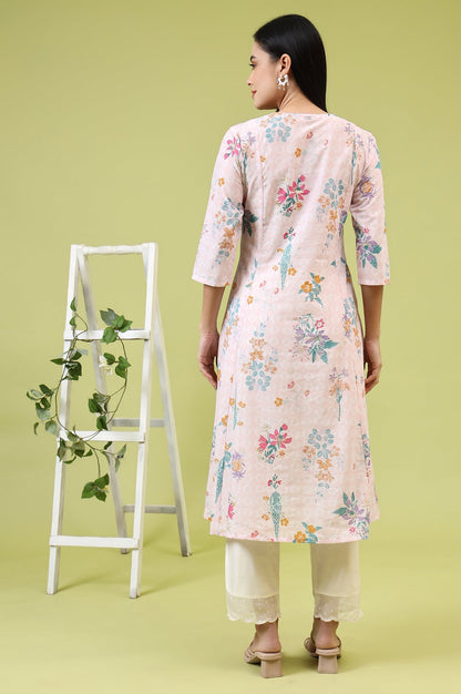 W for Woman Pink Floral Printed Pure Cotton A-line Kurta with Thread Embroidery