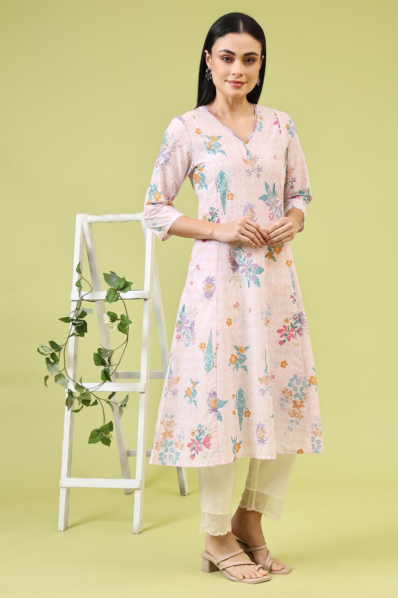 W for Woman Pink Floral Printed Pure Cotton A-line Kurta with Thread Embroidery