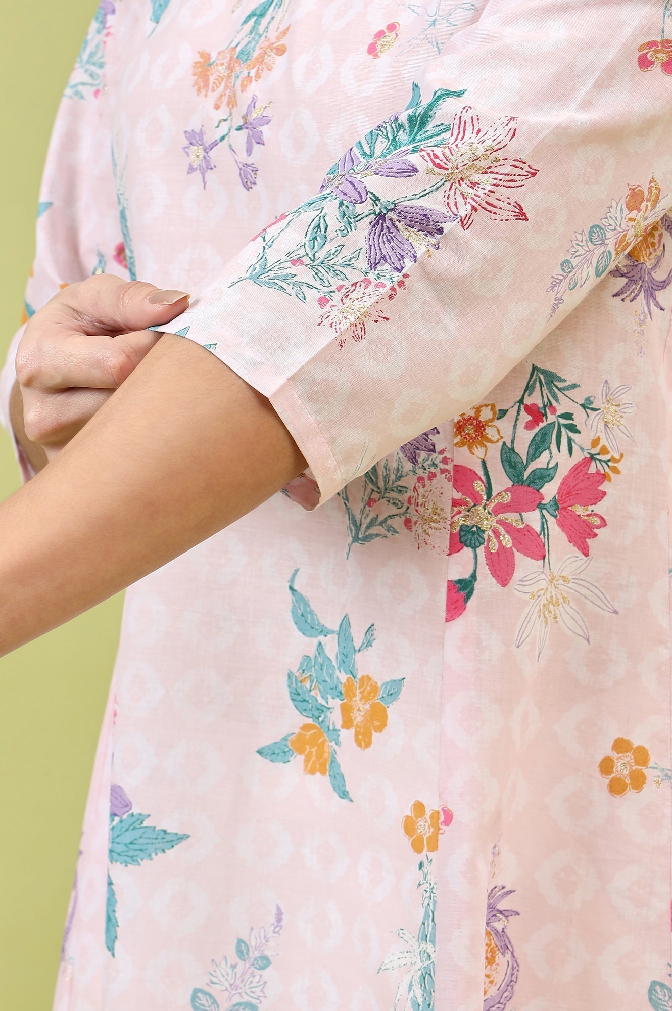 W for Woman Pink Floral Printed Pure Cotton A-line Kurta with Thread Embroidery