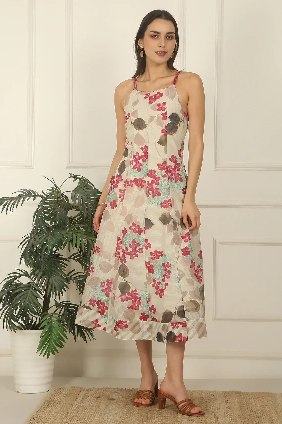 W for Woman Off-White Foral Printed Cotton Kota Flared Spaghetti Dress