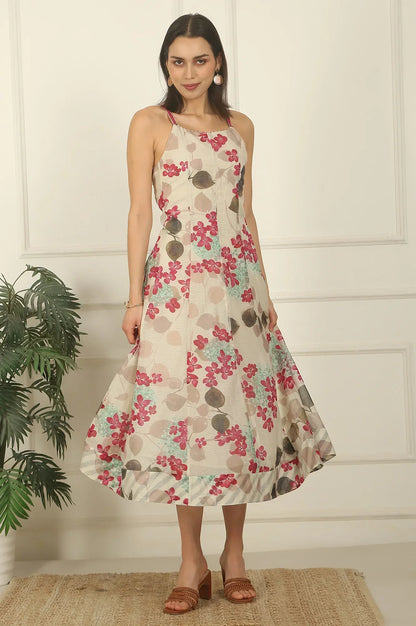 W for Woman Off-White Foral Printed Cotton Kota Flared Spaghetti Dress