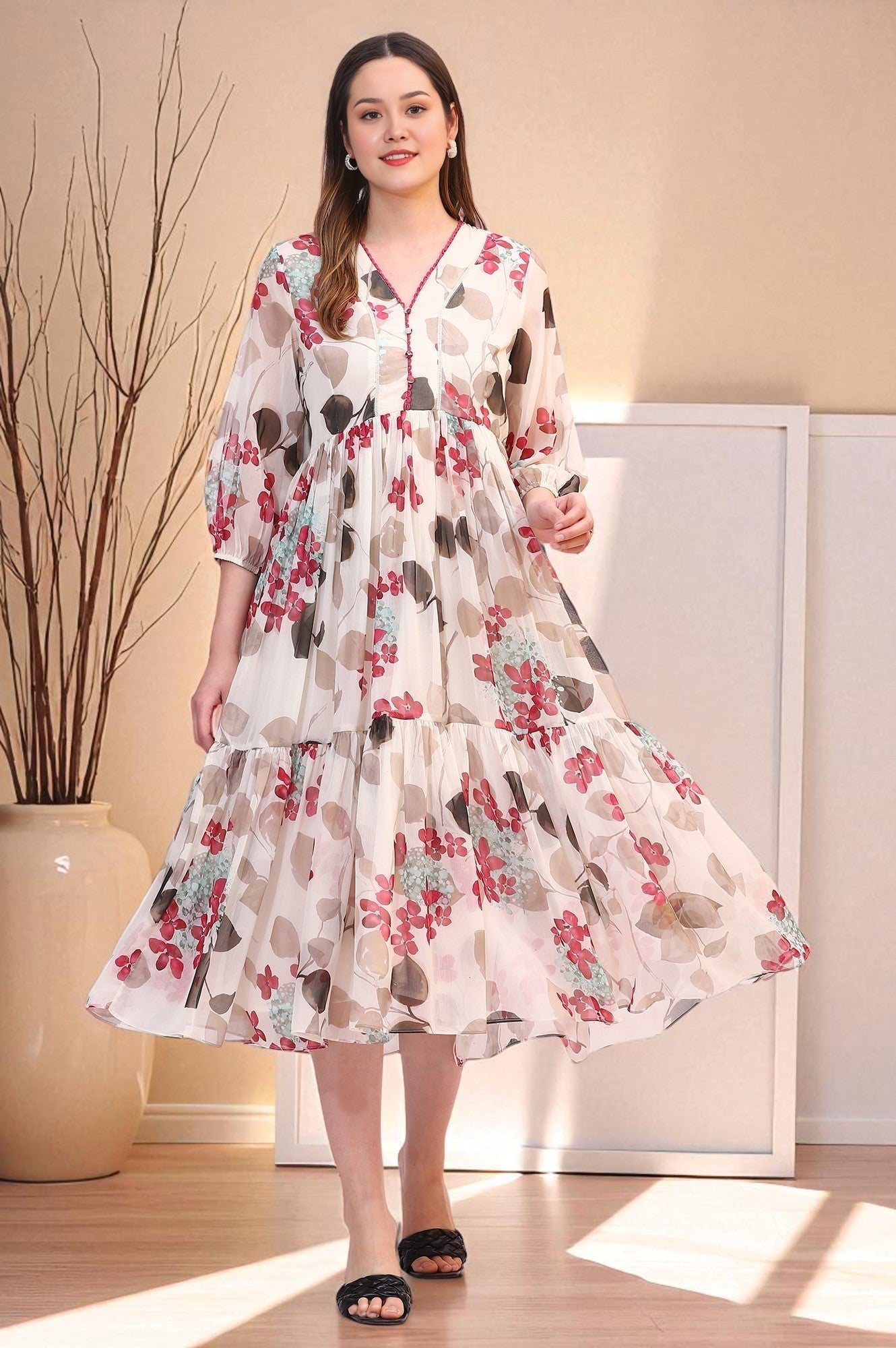 W for Woman Off White Bold Floral Printed Chiffon Tiered Dress