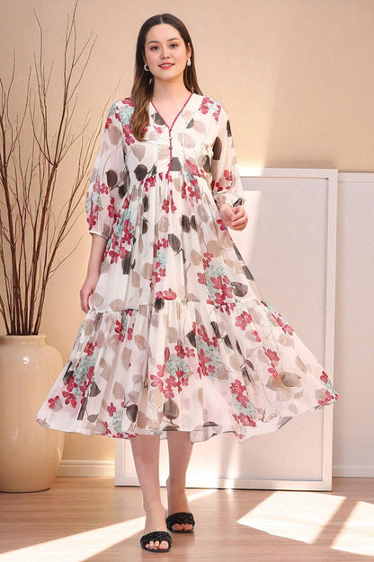 W for Woman Off White Bold Floral Printed Chiffon Tiered Dress