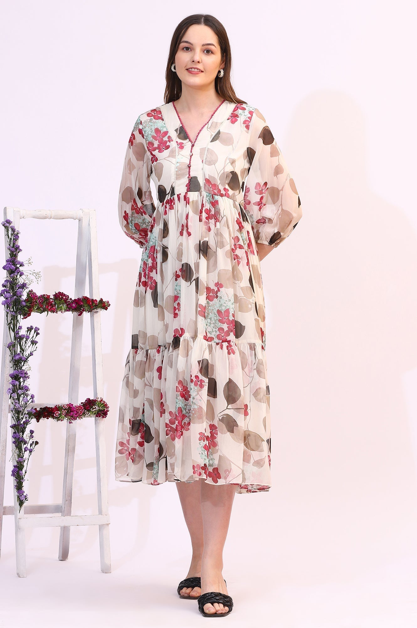 W for Woman Off White Bold Floral Printed Chiffon Tiered Dress