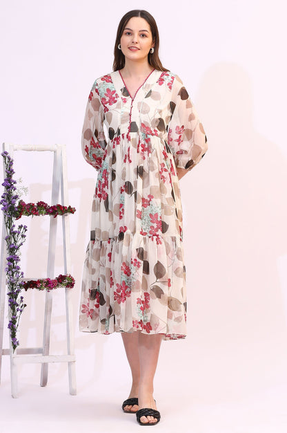 W for Woman Off White Bold Floral Printed Chiffon Tiered Dress