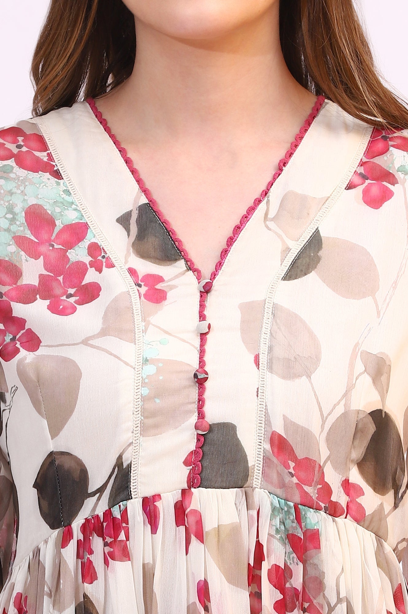 W for Woman Off White Bold Floral Printed Chiffon Tiered Dress