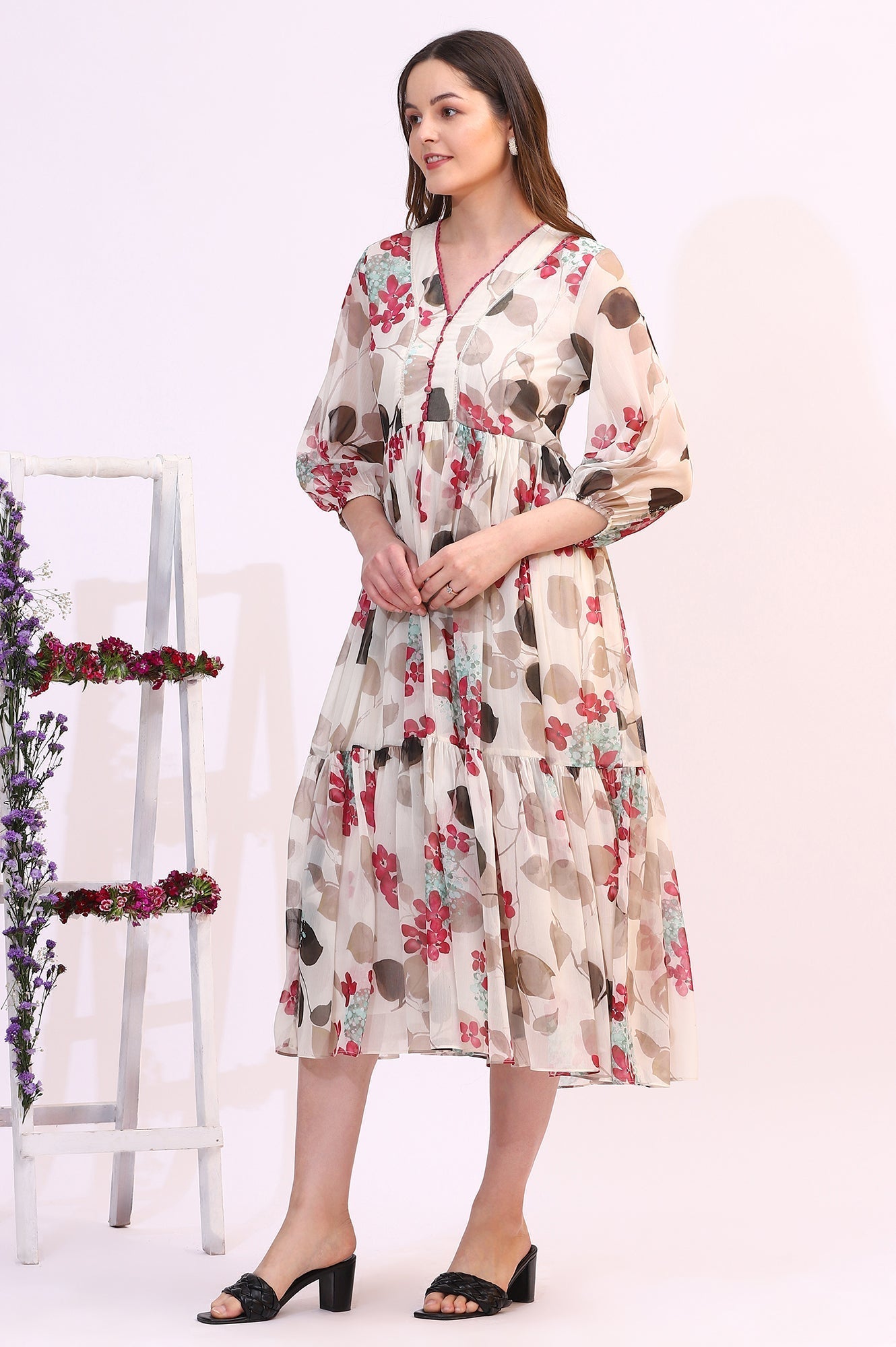 W for Woman Off White Bold Floral Printed Chiffon Tiered Dress
