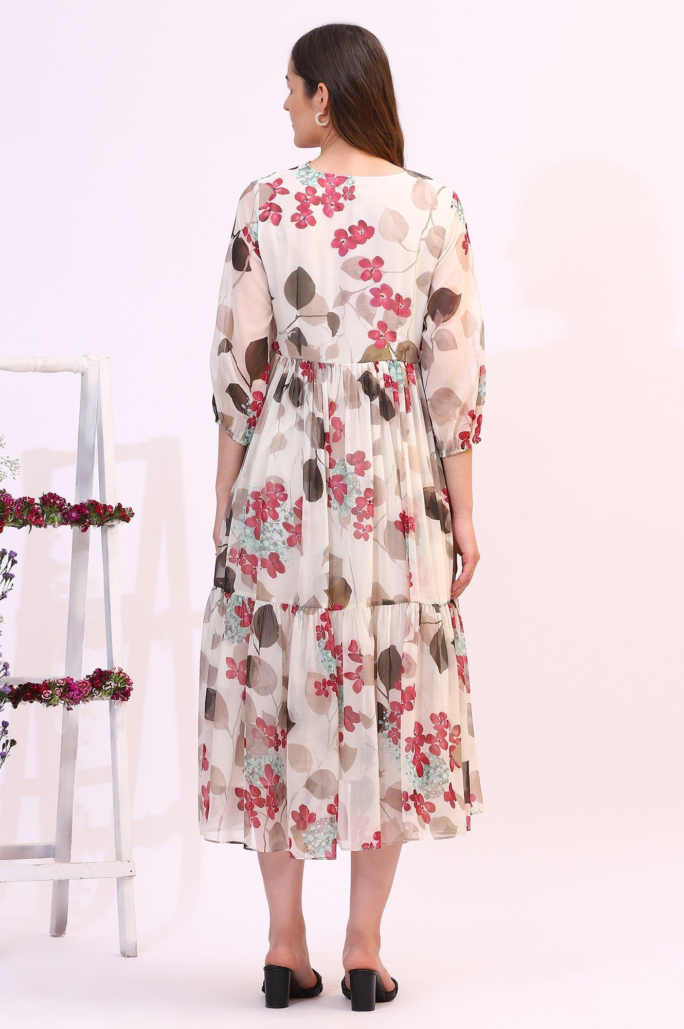 W for Woman Off White Bold Floral Printed Chiffon Tiered Dress